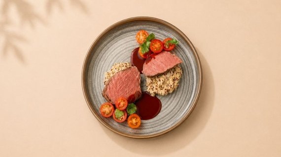 Медальоны из говядины с киноа с белыми грибами
